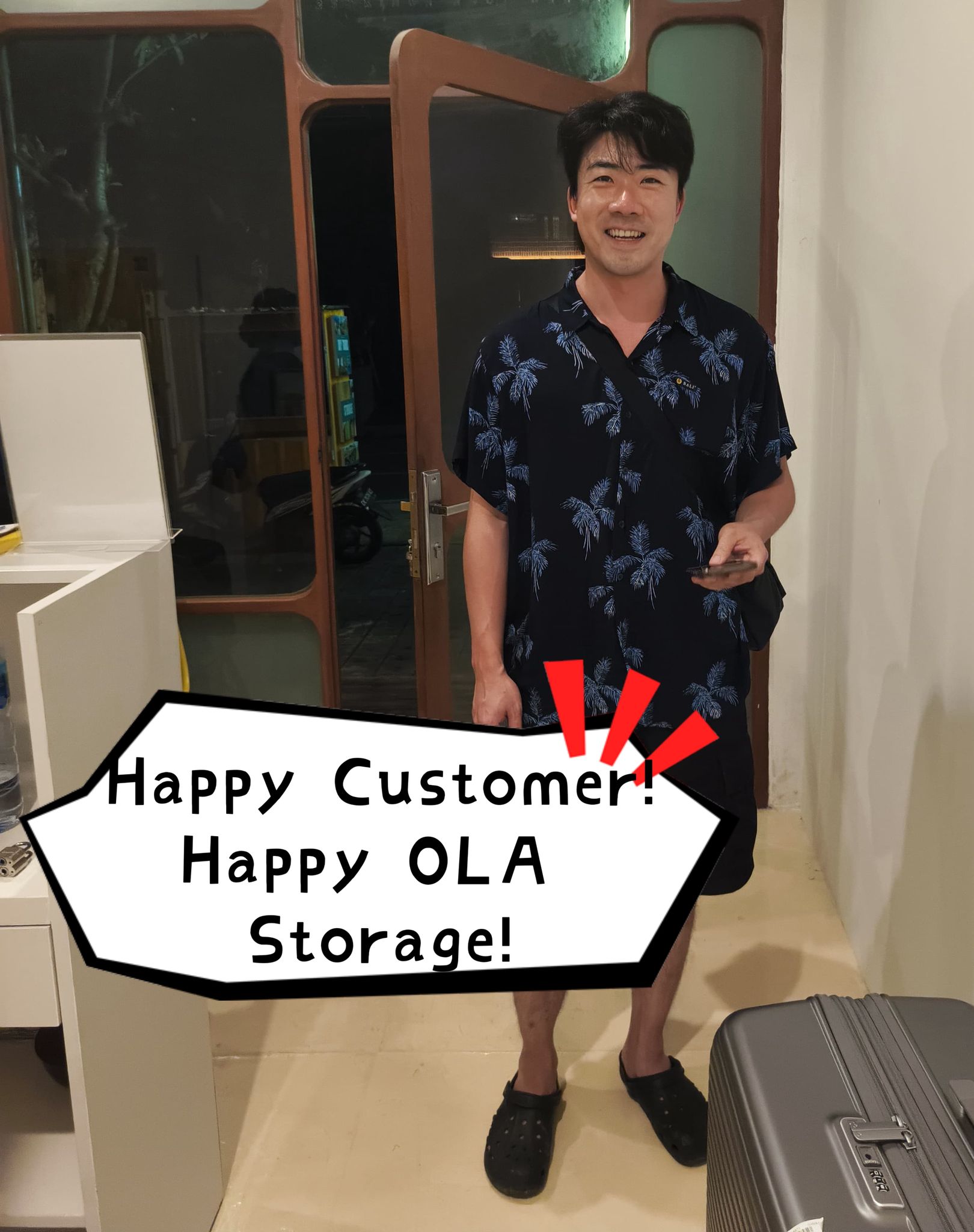 OLA Storage customer smiling free pickup Bali