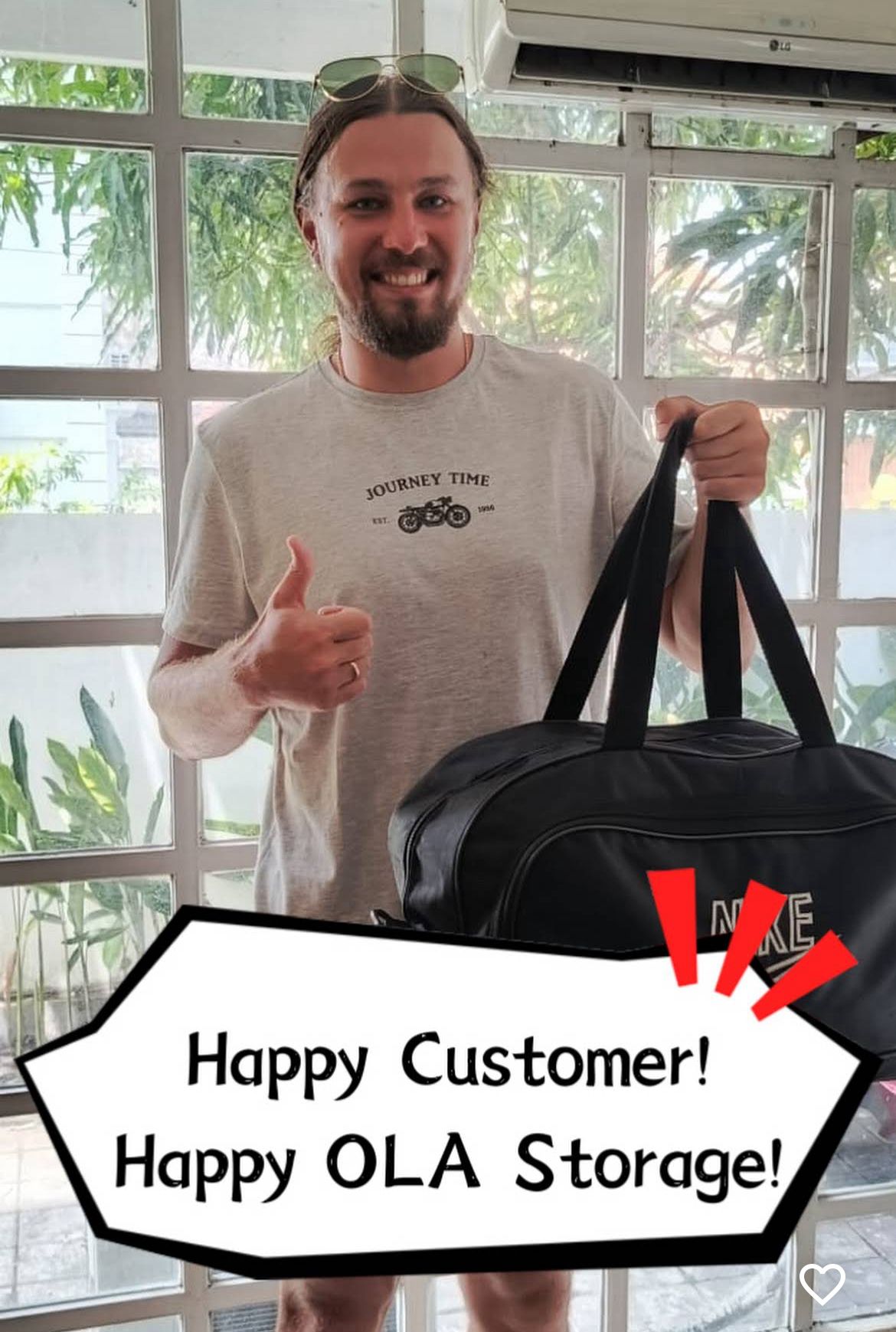 OLA customer smiling luggage storage Bali Seminyak
